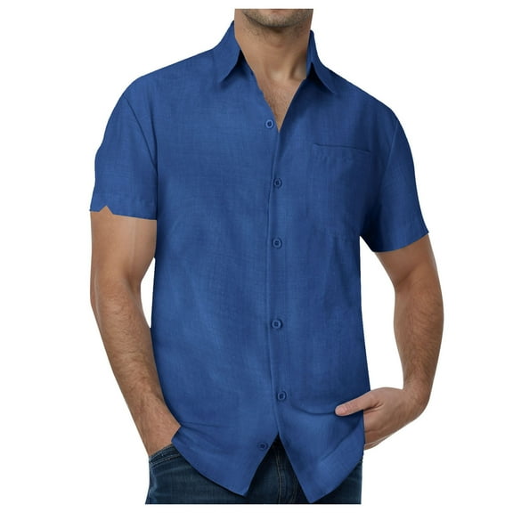 Jkety Men Shirts Casual Mens Short Sleeve Button Up Cotton Linen Shirts Blue,L