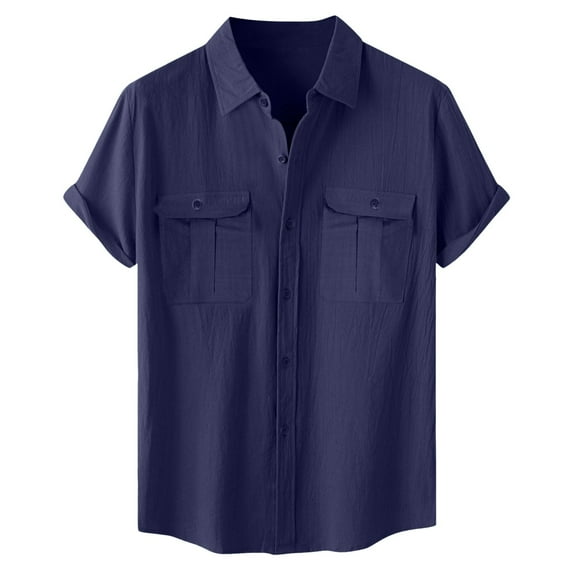 Jkety Mens Short Sleeve Shirts Men Oversized Shirts Vintage Loose Fit Short Sleeve Casual Streetwear Baggy Washed Unisex Tops Navy,L