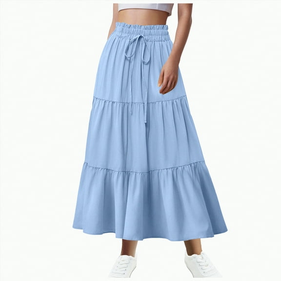 Jkety Midi Skirts for Women Women's Floral Printed Elastic Waist A Line Maxi Skirt with Pockets(Light Blue,2XL)