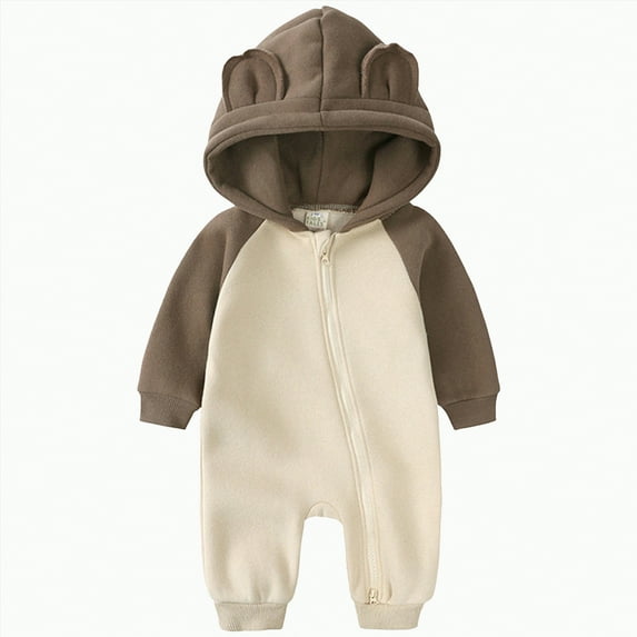Jkety New Born Clothes Baby Boy Newborn Baby Romper Fleece Onesie Jumpsuit Toddler Warm Hooded Outwear Outfits for Infant Brown,9-12 Months