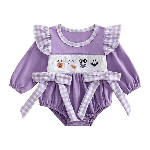 Jkety New Born Clothes Baby Girl Baby Girl Halloween Outfits Ghost Long Sleeve Romper Pumpkin Print Flare Pants Headband 3Pcs Clothes Sets(Light Purple,12-18 Months)