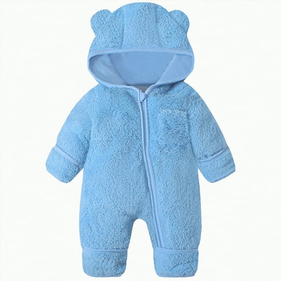 Jkety Boy Clothes Baby Bear Outfit Suit Fold-Over Mittens Footies Girls Boys Winter Fleece Clothes Hooded Jumpsuit Romper Blue,0-6 Months