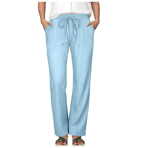 Jkety Palazzo Pants for Women Casual Women's Linen Summer Pants Flowy Wide Leg Beach Pants with Pockets(Sky Blue,M)