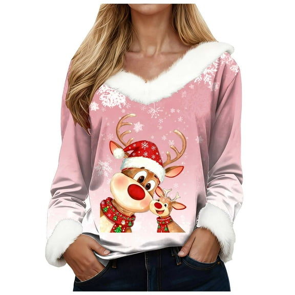 Jkety Plus Size Christmas Sweater Ugly Christmas Sweatshirts for Women White Faux Trim V Neck Shirt Dressy Funny Xmas Tree Snowflake Graphic Tops Pink,XL