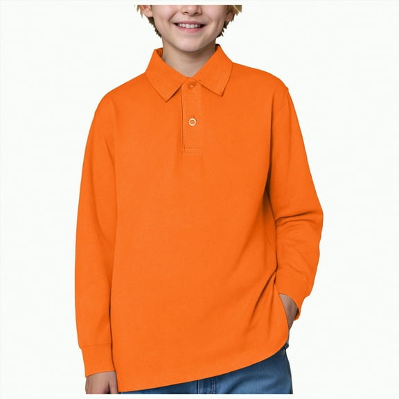 Jkety Polo Shirts Boys Boys' Long Sleeve Anchor Polo, Button Closure, Soft & Comfortable, Pique Fabric(Orange,8-9 Years)