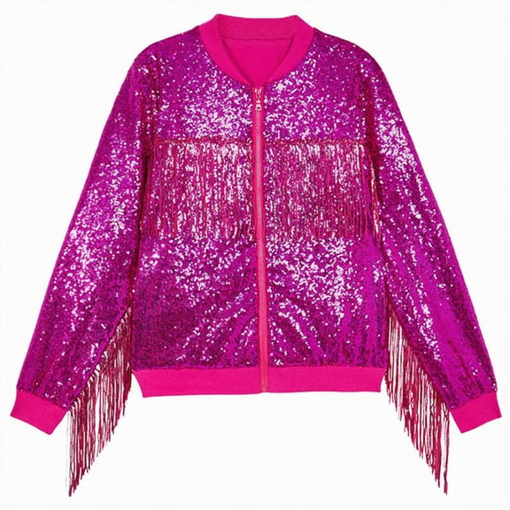 Jkety Sequin Jacket Girls Girls Sequin Jacket Kids Sparkle Bomber Coats Glitter Zip Up Long Sleeve Jackets Outwear with Pockets Hot Pink,4-6 Years