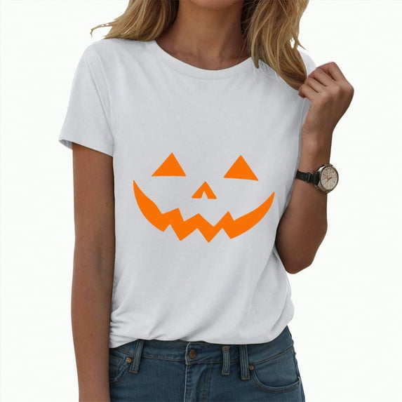 Jkety Shirt for Women Happy Halloween T-Shirt Fall Skull Graphic Tees Tops Blouse Gift Women T Shirts(White,L)
