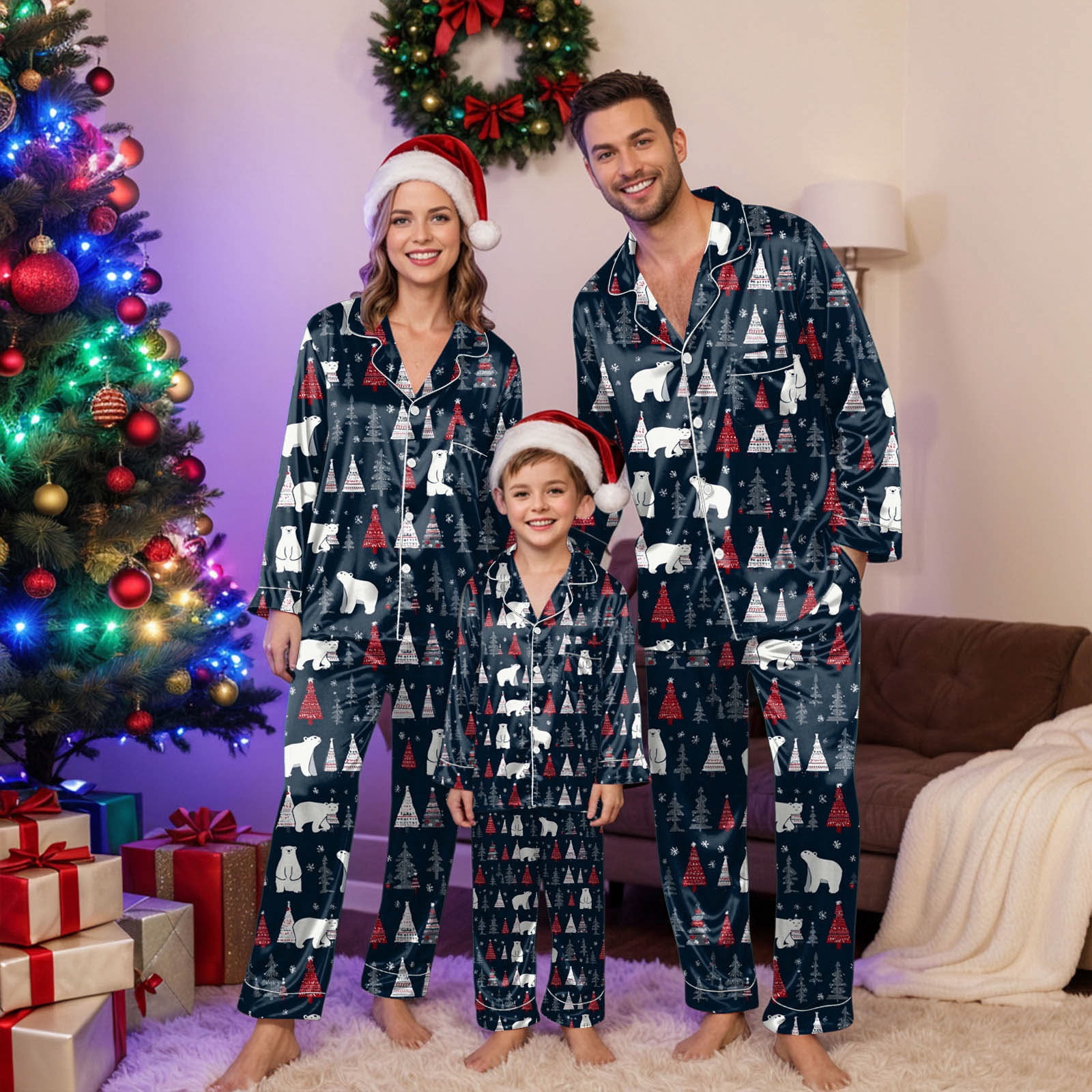 Jkety Silk Satin Matching Christmas Pajamas for Family Button Down ...