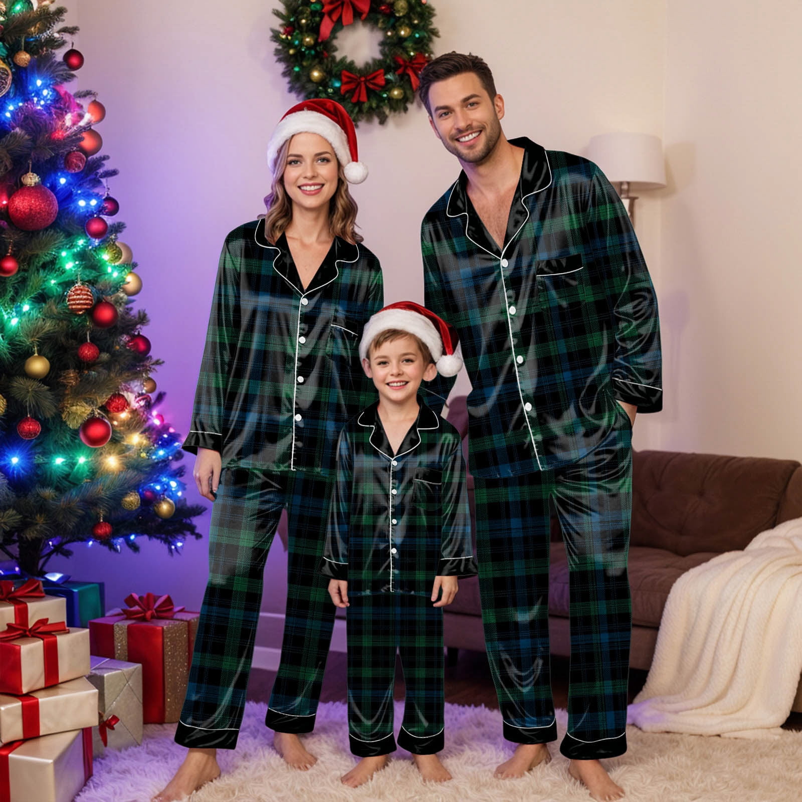 Jkety Silk Satin Matching Christmas Pajamas for Family Button Down ...