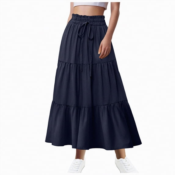 Jkety Skirts for Women Trendy High Waist Tiered Skirts for Women Flowy Skirts for Women Below Knee with Pockets Fashion Trendy(Dark Blue,2XL)