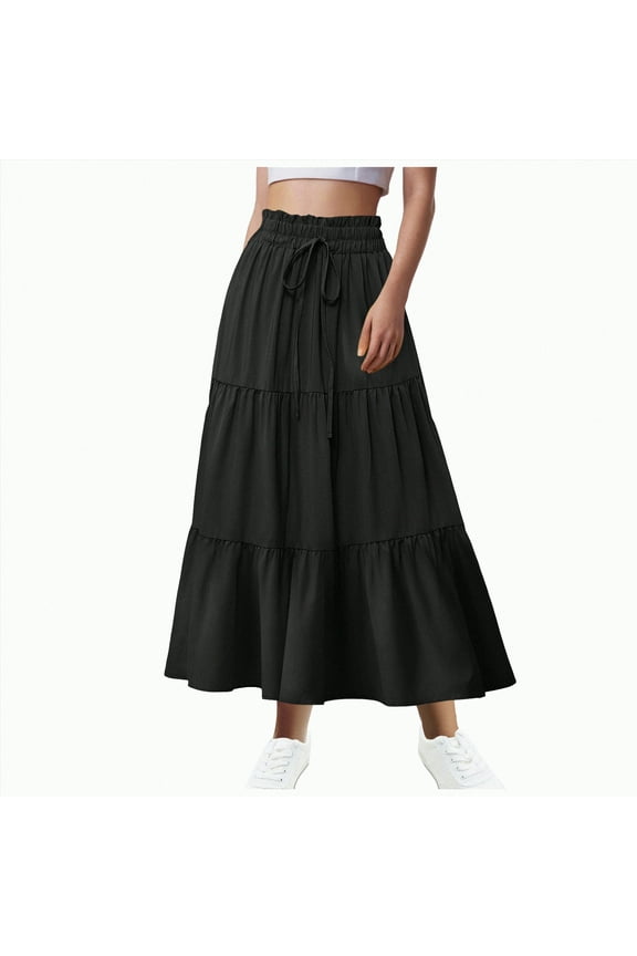 Skirts for Women Trendy Women's Floral Print Maxi Skirts Summer Casual Elastic High Waist Pleated Flowy Long Skirt Pockets(Black,S)