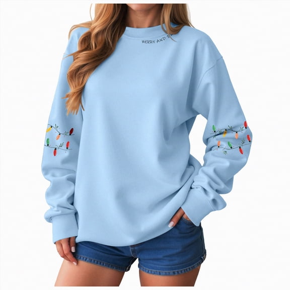 Jkety Sweat Shirts Women’s Casual Print Knitted Pullover Sweaters Long Sleeve Crew Neck Jumper Sky Blue,XL