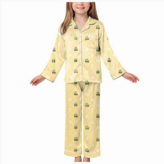 Jkety T`oddler B'aby G`irl B.oy Silk Satin Pajamas Set Button Down Pjs K'ids Long Sleeve Shirt Pants Christmas Pjs Sleepwear(Yellow,3-4 Years)