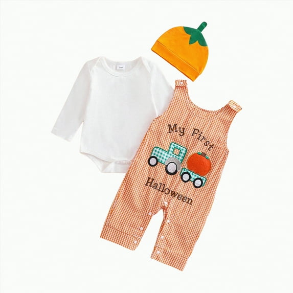 Jkety Toddler Boy Halloween Outfit My First Halloween Baby Boy Girl Outfits Newborn Infant Cutest Pumpkin Romper Shirt Pants Hat 3Pcs Clothes Set Orange,3-6 Months