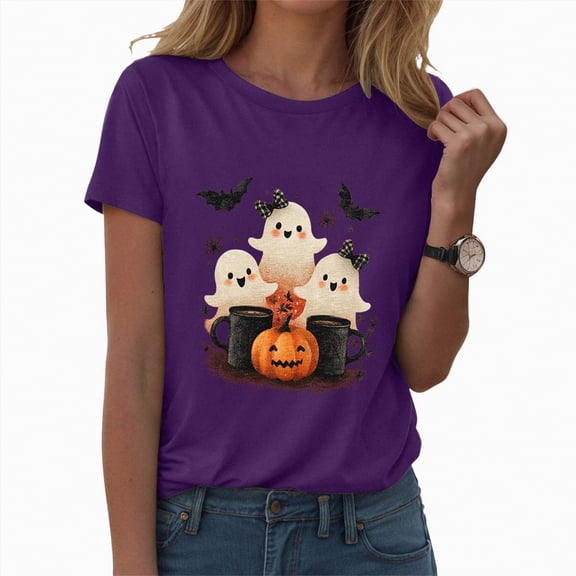 Jkety V Neck Fall Shirts for Women Pumpkin Graphic T Shirts Cute Halloween Tops Thanksgiving Tee Women Tshirt(Purple,L)
