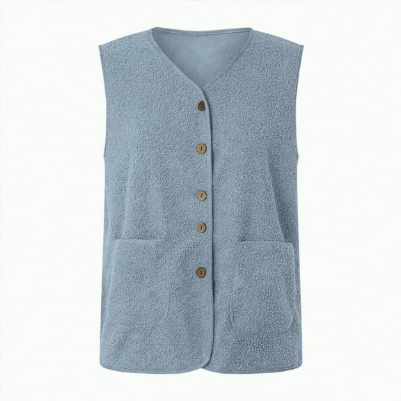 Jkety Vests for Women 2025 Trendy Fuzzy Fleece Vest for Women Plus Size Sleeveless Sherpa Jacket Lightweight Button Dwon Cropped Coat with Pocket Sky Blue,S
