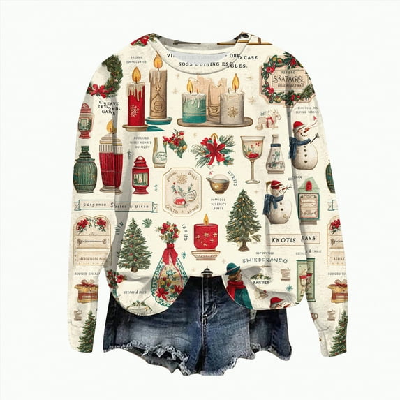 Jkety Vintage Christmas Sweatshirt Women Christmas Sweatshirts for Women 2025 Crew Neck Winter Holiday Cute Pullovers Yellow,L