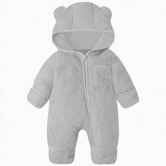 Jkety Winter Baby Clothes Baby Snowsuit Hooded Romper Winter Outfits Boys Girls Cartoon Bear Fleece Jumpsuit Grey,0-6 Months