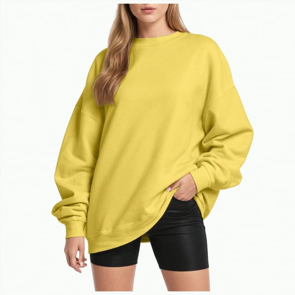 Jkety Woman Clothes Long Sleeve Shirts for Women Crewneck Basic Loose Tunic Tops Fall Outfits for Women 2025 Yellow,3XL