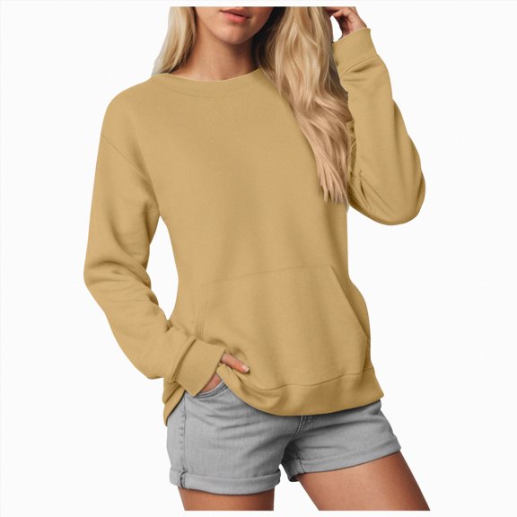 Jkety Woman Clothes Women Crewneck Loose Fit Shirt Long Sleeve Casual T Shirts Basic Top Tees Yellow,S