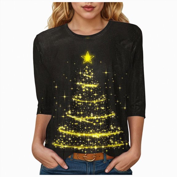 Jkety Women Christmas Shirt Christmas Shirts for Women Christmas Tree Printed Tshirts 3/4 Length Sleeve Round Neck Tops(Light Yellow,XL)