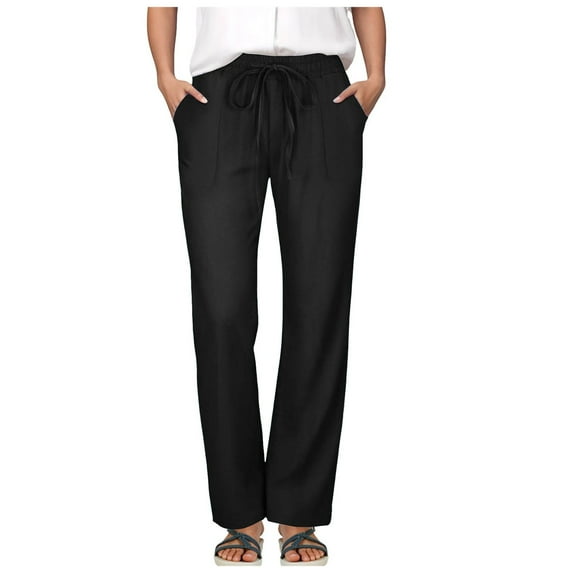 Jkety Women Flowy Pants Drawstring Waist Wide Leg Palazzo Beach Pants Loose Fit with Pockets Work Pants Women(Black,S)