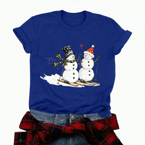 Jkety Women'S Christmas Short Sleeve Tee Christmas Shirts for Women Christmas Tree Graphic Shirts Short Sleeve Crewneck Funny Print Tee Tops Gifts for Women Blue,XL