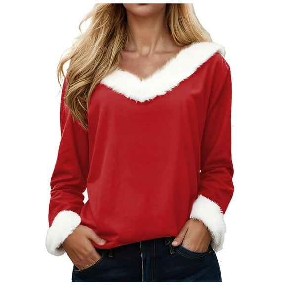 Jkety Women'S Fur Trim Sweater Christmas Sweater for Women Sexy Faux Fur Trim Xmas Holiday Sweatshirt Plus Size Tops Cute Blouses Wine,XL