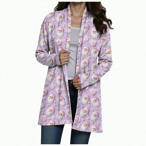Jkety Women'S Merry Christmas Print Cardigan Christmas Cardigan for Women Long Sleeve Open Front Lightweight Cardigan Ugly Christmas Sweaters Plus Size Coat Top Light Purple,2XL