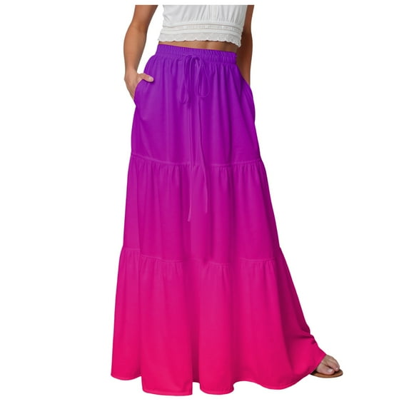 Jkety Women's Bohemian Print Long Maxi Skirt Midi Skirts for Women Hot Pink,M