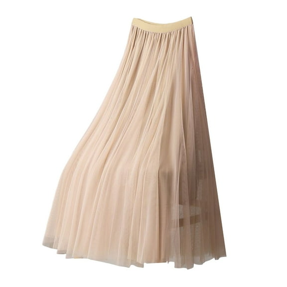 Jkety Women's Chiffon Elastic High Waist Pleated A-Line Flared Maxi Skirts Long Skirts for Women Summer Khaki,L