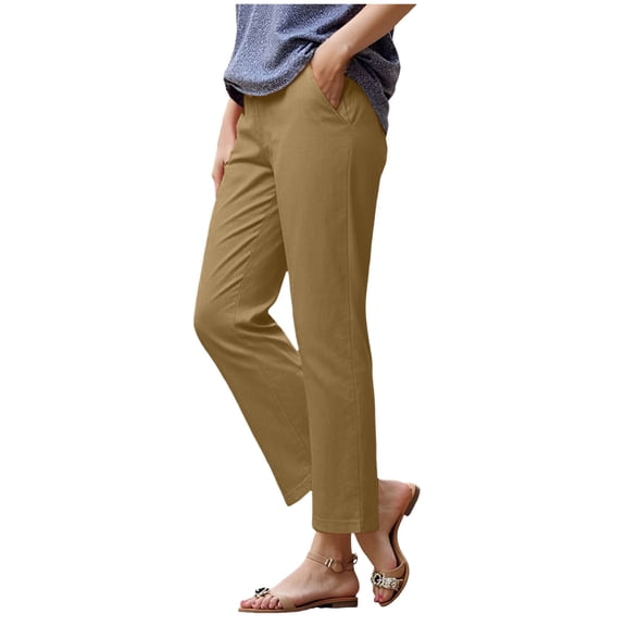 Jkety Women's Cotton Linen Pants Elastic Waist Plaid Gingham Wide Leg Capri Palazzo Pants Work Pants Women(Khaki,XL)