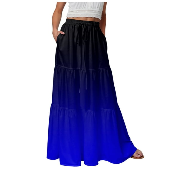 Jkety Women's Long Maxi Skirts Tiered Elastic High Waist Boho Double Layered Print A-Line Casual Midi Dress Linen Skirt Blue,M
