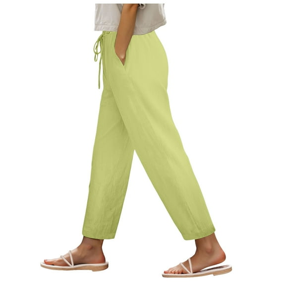 Jkety Women's Plus Size Pants Summer High Waisted Wide Leg Casual Trousers with Pockets Self-Tie Belt Womens Summer Pants(Yellow,XL)