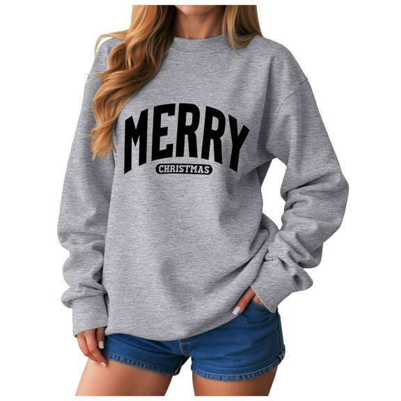 Jkety Womens Holiday Sweaters Christmas Sweatshirts for Women Cute Reindeer Christmas Tree Print Pullover Long Sleeve Hoodless Pullover Holiday Tops Grey,2XL