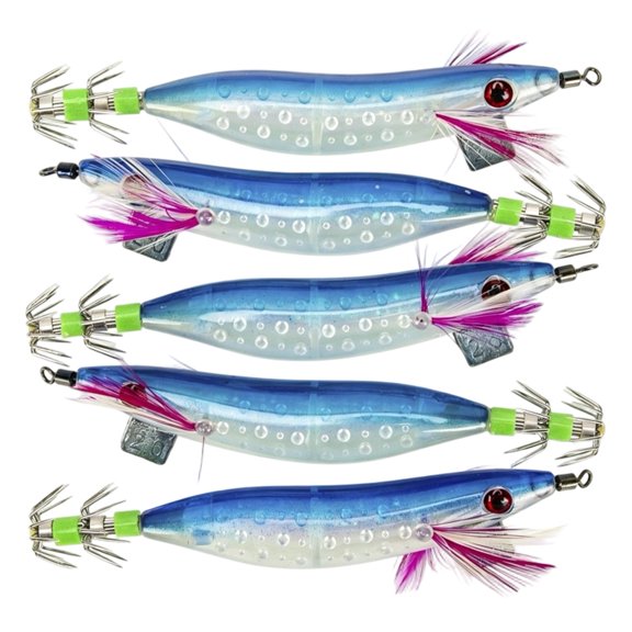 Jkung 5Pcs Luminous Squid Jig Hook Kit, Saltwater Glow Squid Fishing Jigs, Cuttlefish Sleeve Shrimp Bait Lure with Feather, Outdoor Fishing Tackle