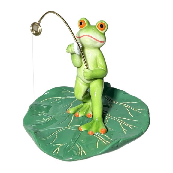 Jkung Floating Frog Statue, Lotus Leaf Fishing Frog Figurine, Cute Resin Frog Ornament for Fish Tank Aquarium Garden Pond Decor