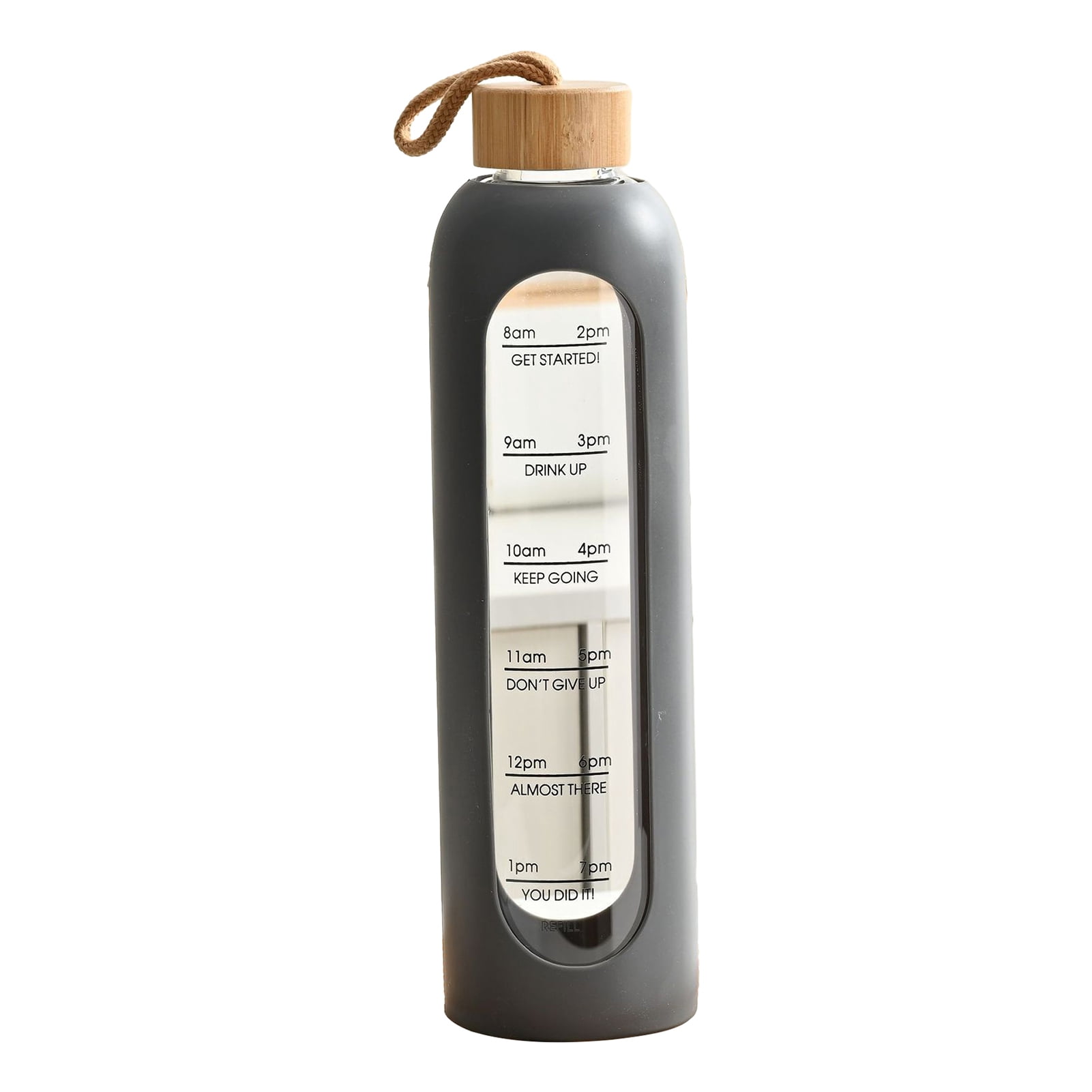 Jkung Glass Water Bottle 1 Liter Capacity Drinking Bottle with Time Mark Silicone Sleeve Leak-Proof Spout Lid Wide Mouth Water Cup