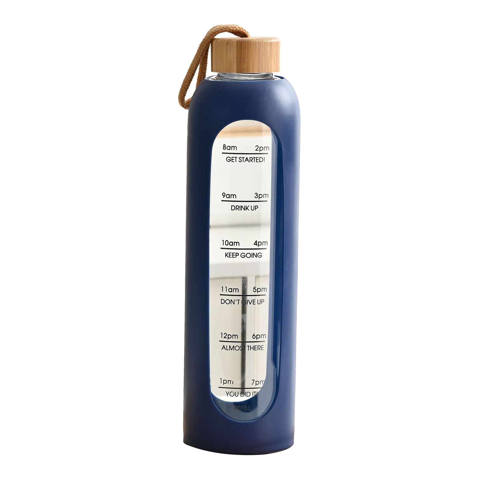 Jkung Glass Water Bottle 1 Liter Capacity Drinking Bottle with Time Mark Silicone Sleeve Leak-Proof Spout Lid Wide Mouth Water Cup
