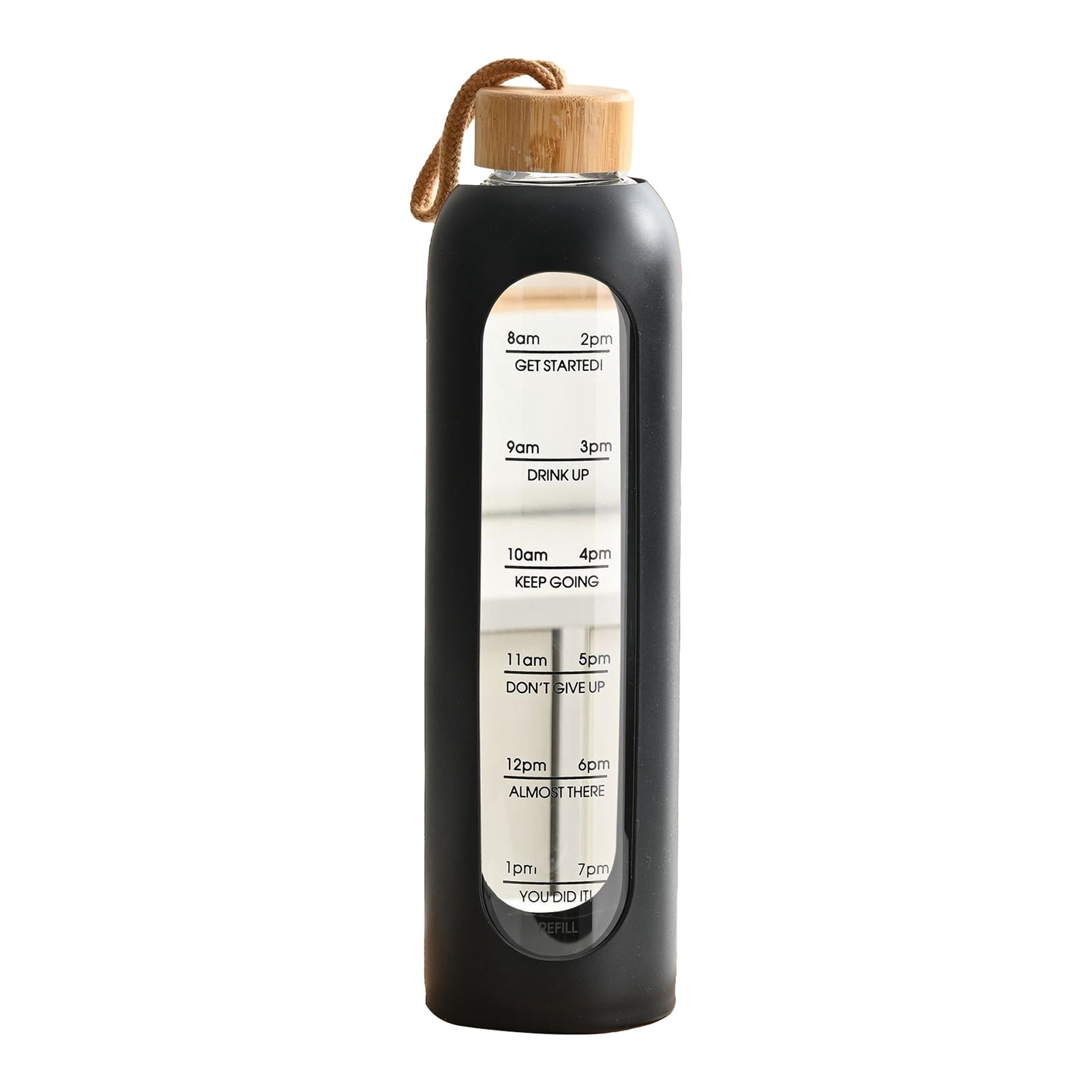 Jkung Glass Water Bottle 1 Liter Capacity Drinking Bottle with Time Mark Silicone Sleeve Leak-Proof Spout Lid Wide Mouth Water Cup