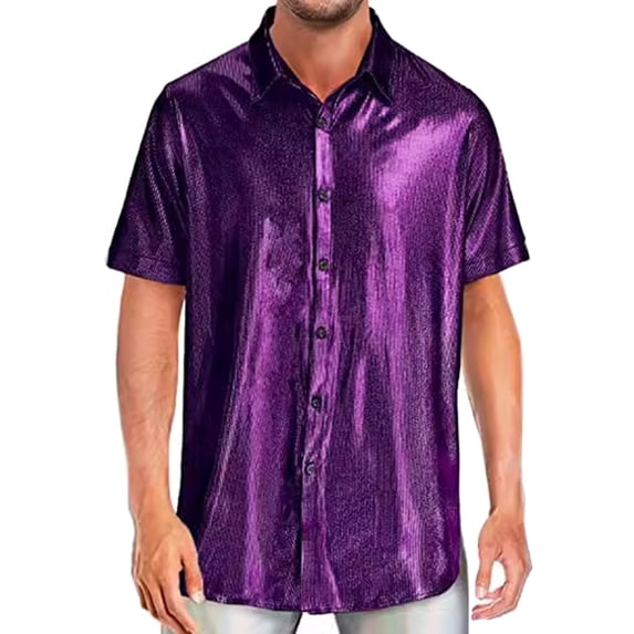 Jkung Men Shirt Lapel Short Sleeve Buttons Placket Shirt Tops Glossy Design Loose Fit Solid Color Night Club Shirt Daily Wear