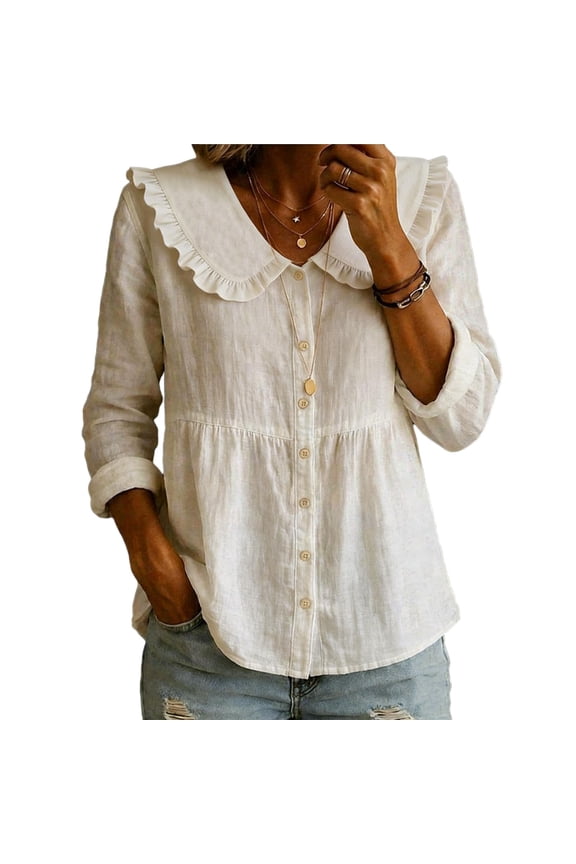 Women Shirt Ruffled Large Lapel Long Sleeve Buttons Placket Shirt Tops Pure Color Loose Fit Mid-Length Hem Casual Tops