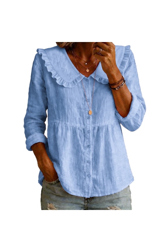 Women Shirt Ruffled Large Lapel Long Sleeve Buttons Placket Shirt Tops Pure Color Loose Fit Mid-Length Hem Casual Tops