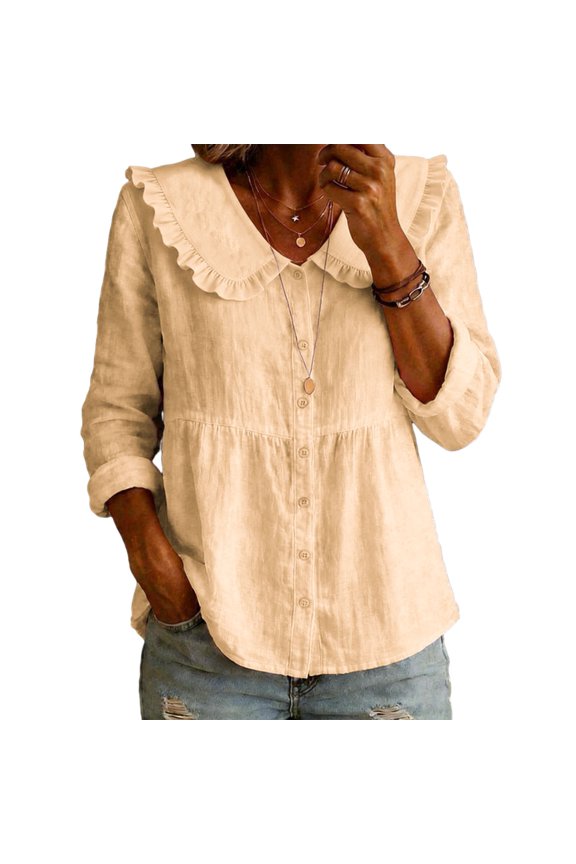 Women Shirt Ruffled Large Lapel Long Sleeve Buttons Placket Shirt Tops Pure Color Loose Fit Mid-Length Hem Casual Tops