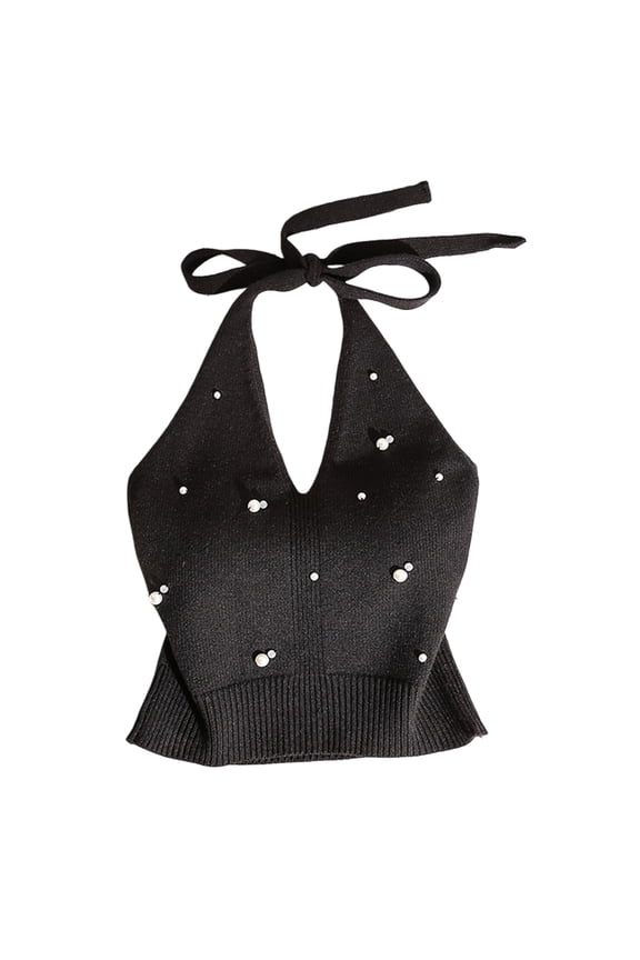 Women Tops Halter Neck Beaded Faux Pearls Camisole Soft Stretchy Loose Fit Solid Color Knitting Tops Work Party Wear