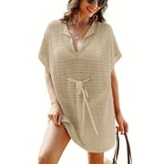 Jkzcp  JASAMBAC Bathing Suit Cover Up for Women Knitted Swimsuit Coverups Hollow Out Crochet Bikini Beach Dress with Belt