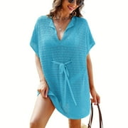 Jkzcp  JASAMBAC Bathing Suit Cover Up for Women Knitted Swimsuit Coverups Hollow Out Crochet Bikini Beach Dress with Belt