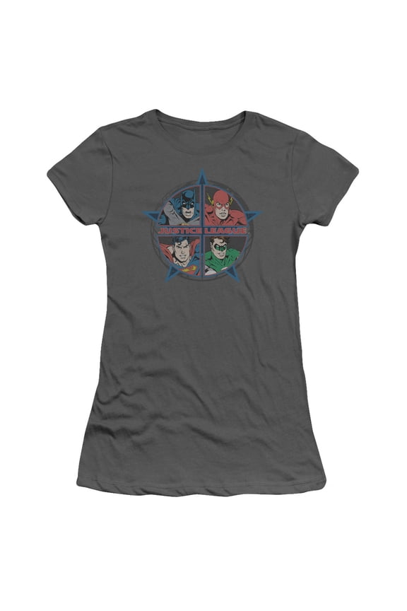 JLA Justice League Four Heroes S/S Junior Women's T-Shirt Sheer Charcoal