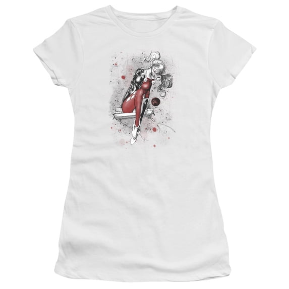 JLA Justice League Harley Sketch S/S Junior Women's T-Shirt Sheer White