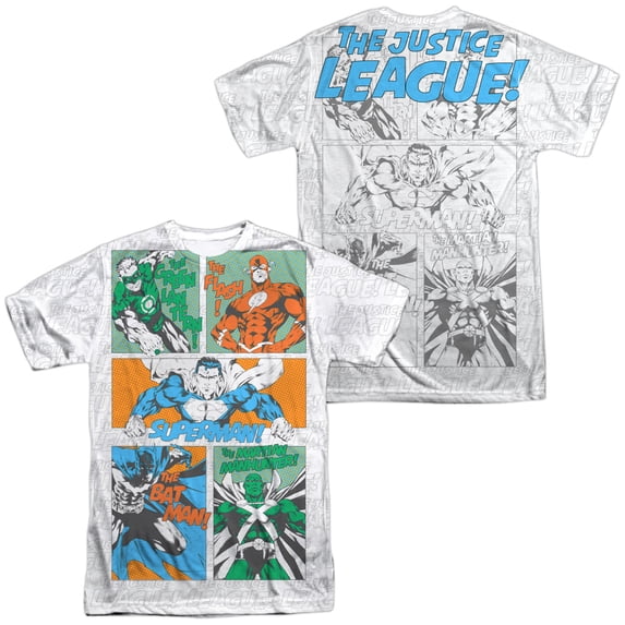 JLA Justice Panels Unisex Adult Sublimated Costume T Shirt (Front/Back), Small Multicolor